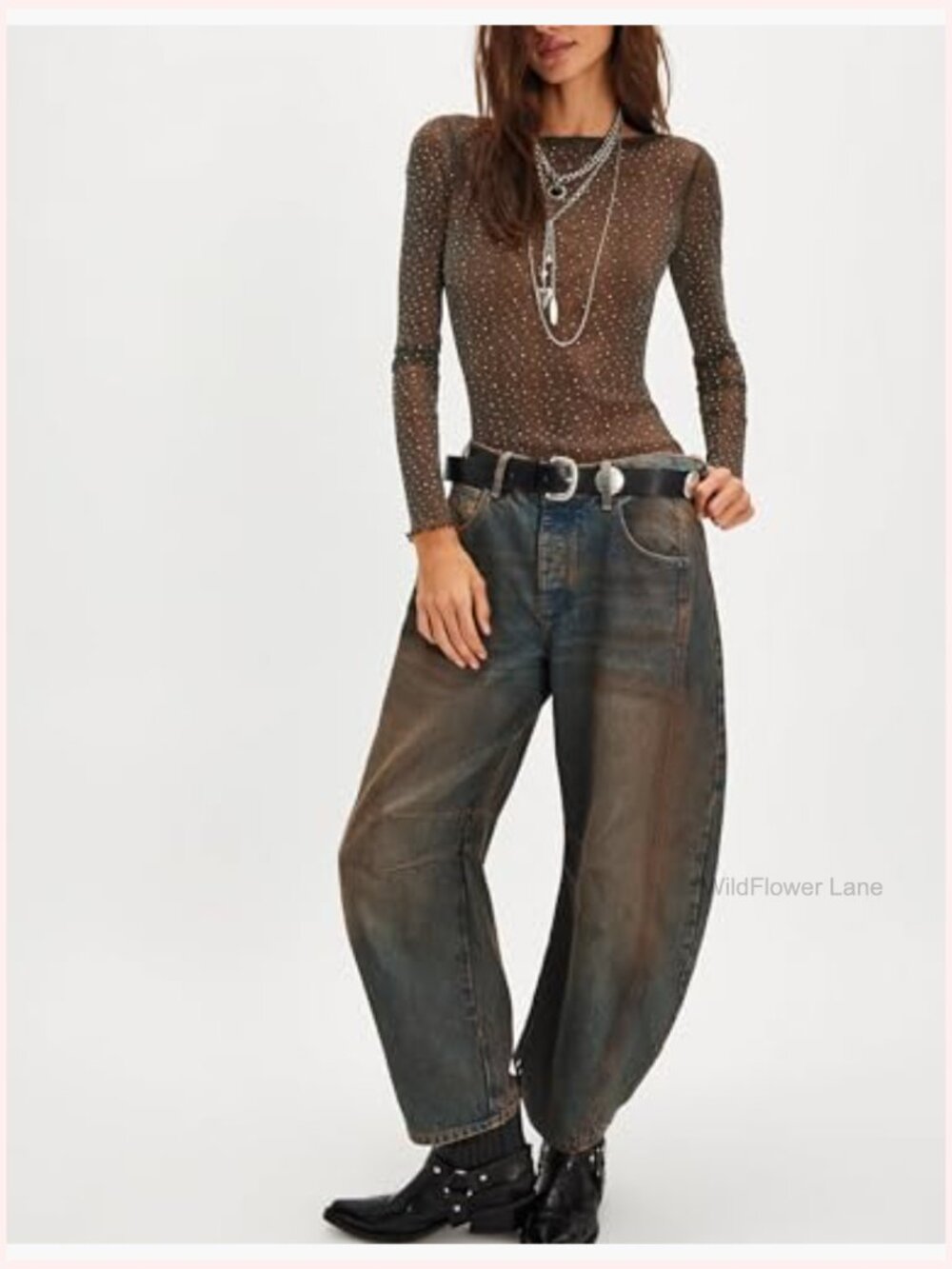 Lace Rhinestone Sparkly See Through Mesh Blouse Long Sleeve Boat Neck Layering - Picture 5 of 7